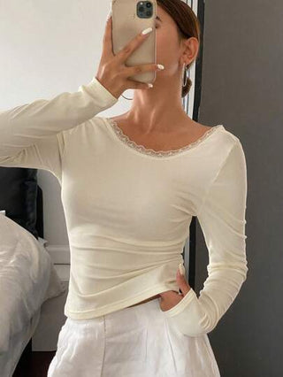 Livesso ملابس علوية نسائي أنيق قاعدة اللون كشكشة دانتيل ظهر مفتوح ملائم للشكل، موديل خريفي ملابس علوية فاضح