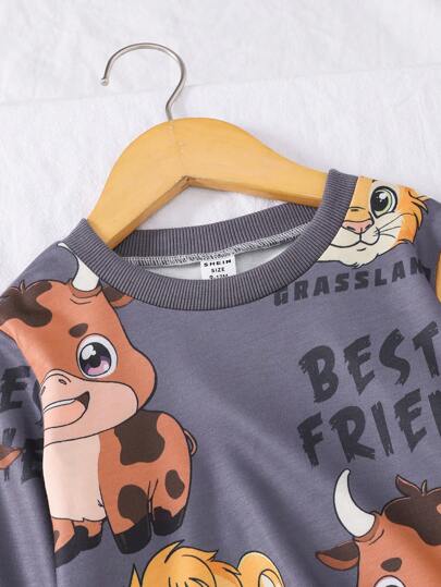 SHEIN Playful Pals طقم ملابس للأطفال الصغار, غير متماثل, مطبوع برسومات الأسد والوحيد القرن, متميز بتصاميم مبهجة للأسد والوحيد القرن على قماش ناعم ومريح, للارتداء الفريد والمرح