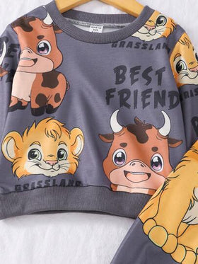 SHEIN Playful Pals طقم ملابس للأطفال الصغار, غير متماثل, مطبوع برسومات الأسد والوحيد القرن, متميز بتصاميم مبهجة للأسد والوحيد القرن على قماش ناعم ومريح, للارتداء الفريد والمرح