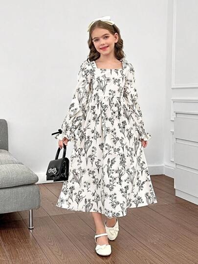 Firerie Kids Firerie Kids فستان أكمام طويلة بطبعة زهرية سوداء للفتيات المراهقات، فساتين الخريف