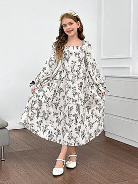 Firerie Kids Firerie Kids فستان أكمام طويلة بطبعة زهرية سوداء للفتيات المراهقات، فساتين الخريف