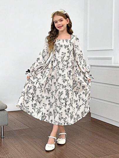 Firerie Kids Firerie Kids فستان أكمام طويلة بطبعة زهرية سوداء للفتيات المراهقات، فساتين الخريف