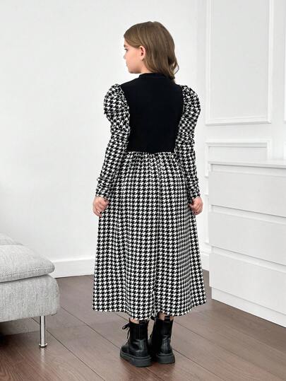 SHEIN فستان بياقة مستقيمة وأكمام ضخمة مطبوع بنمط الهندسي للفتيات المراهقات