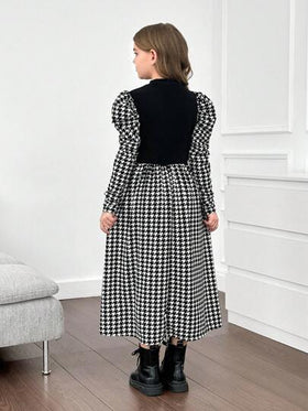 SHEIN فستان بياقة مستقيمة وأكمام ضخمة مطبوع بنمط الهندسي للفتيات المراهقات