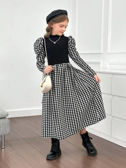 SHEIN فستان بياقة مستقيمة وأكمام ضخمة مطبوع بنمط الهندسي للفتيات المراهقات