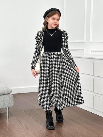 SHEIN فستان بياقة مستقيمة وأكمام ضخمة مطبوع بنمط الهندسي للفتيات المراهقات