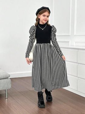 SHEIN فستان بياقة مستقيمة وأكمام ضخمة مطبوع بنمط الهندسي للفتيات المراهقات