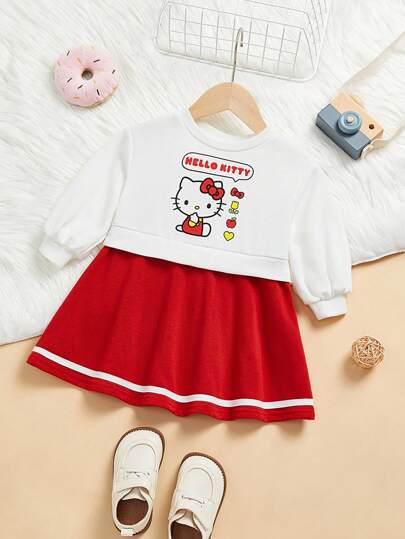 فساتين بيبي HELLO KITTY AND FRIENDS |  فستان أحمر كم طويل أبيض حلو وجميل بطبعات قلب وتفاحة على قطة كرتونية للبنات الصغيرات