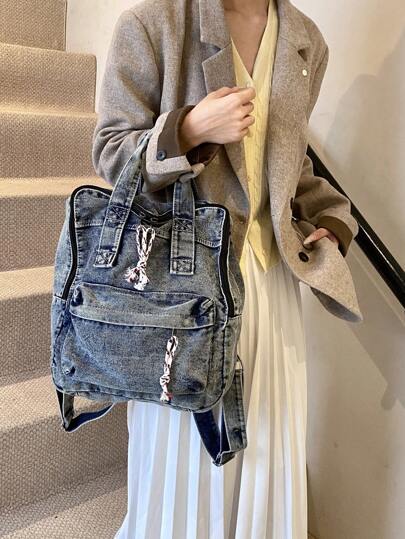 حقيبة ظهر جينز بنمط قديم، سعة كبيرة، حقيبة يد بطراز غربي للنساء، حقيبة كتب كاجوال للمراهقين والطلاب، مناسبة لحمل الكتب والتسوق ومستلزمات المدرسة، ضرورية للنساء والفتيات والطلاب