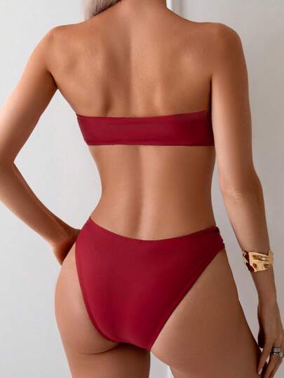 Swim Basics 2 قطعة مجموعة بكوت وسروال رياضي بطبعة صلبة لونيه على شكل حرف V للنساء، للصيف