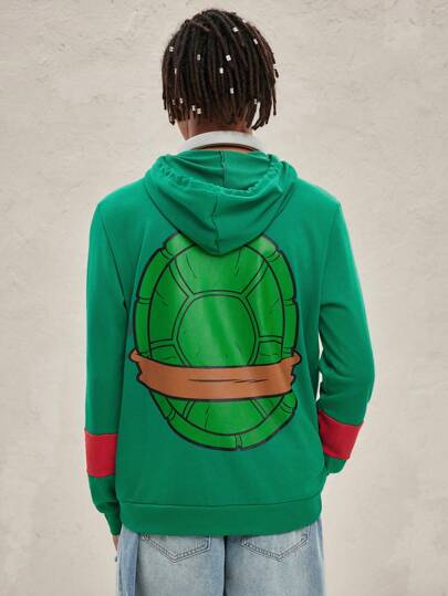 TEENAGE MUTANT NINJA TURTLES X SHEIN سترة رجالية كاجوال مطبوعة بصدف السلحفاة الكرتونية قبعة مع رباط, للربيع والخريف، لعيد الميلاد