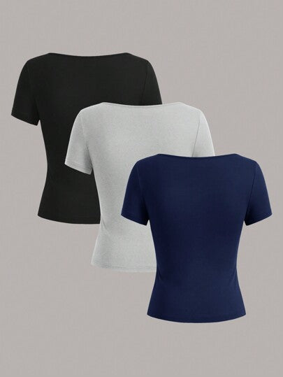 EZwear 3 قطع/مجموعة بلوزات تي شيرت نسائية ضيقة ذات أكمام قصيرة وياقة مستديرة وقصيرة البنطلون للمقاسات الكبيرة مناسبة للصيف