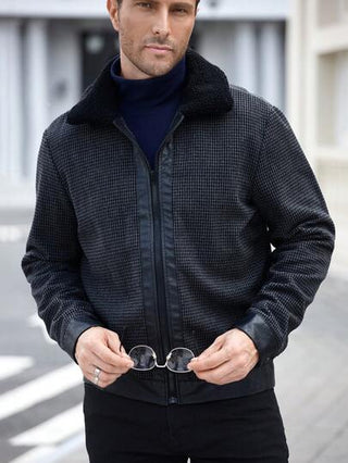 Manfinity Homme جاكيت كاجوال مصنوعة من الأكريليك مع طوق من الفرو، خريف/شتاء