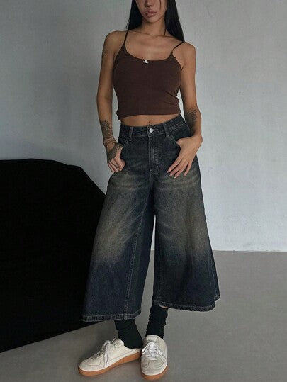 DAZY سراويل جينز قصيرة نسائية فضفاضة بجيوب وساق واسعة، شورتات جينز فضفاضة منخفضة الخصر