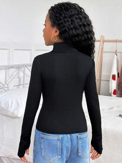 SHEIN بنطلون بناتي كاجوال قطني لون سادة بياقة عالية بأكمام طويلة