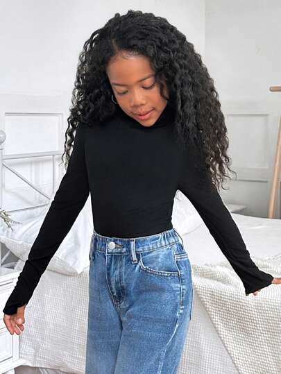 SHEIN بنطلون بناتي كاجوال قطني لون سادة بياقة عالية بأكمام طويلة