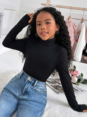 SHEIN بنطلون بناتي كاجوال قطني لون سادة بياقة عالية بأكمام طويلة