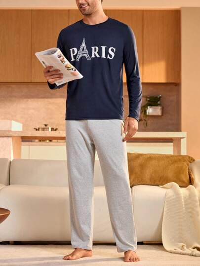 Manfinity Underwear&Sleepwear Basics ملابس علوية كاجوال بأكمام طويلة وياقة مستديرة مطبوع عليها حرف للرجال