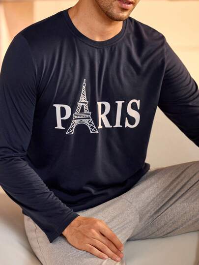 Manfinity Underwear&Sleepwear Basics ملابس علوية كاجوال بأكمام طويلة وياقة مستديرة مطبوع عليها حرف للرجال