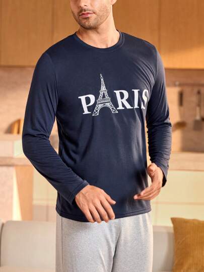Manfinity Underwear&Sleepwear Basics ملابس علوية كاجوال بأكمام طويلة وياقة مستديرة مطبوع عليها حرف للرجال