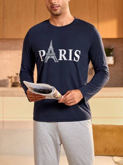 Manfinity Underwear&Sleepwear Basics ملابس علوية كاجوال بأكمام طويلة وياقة مستديرة مطبوع عليها حرف للرجال