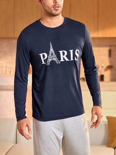 Manfinity Underwear&Sleepwear Basics ملابس علوية كاجوال بأكمام طويلة وياقة مستديرة مطبوع عليها حرف للرجال
