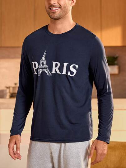 Manfinity Underwear&Sleepwear Basics ملابس علوية كاجوال بأكمام طويلة وياقة مستديرة مطبوع عليها حرف للرجال