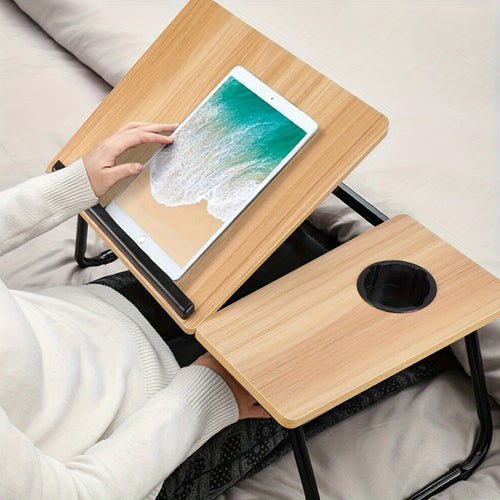 حامل كمبيوتر محمول قابل للطي - مع حامل أكواب وتصميم فتحة 5 مستويات قابلة للتعديل للانحناء حامل قابل للطي مكتب محمول للأكل والكتابة واللعب والعمل والأريكة