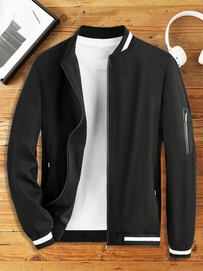 Manfinity Homme بلوزة رجالية كاجوال بياقة قاعدة البيسبول مع تريم متباين، الربيع والخريف