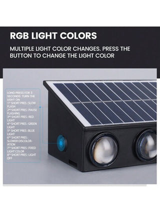 ضوء الحائط بالطاقة الشمسية 1قطعة، مصنوع من مواد بلاستيكية، ألوان RGB، ضوء الحالة الخارجي، ضوء البروجيكتور اللوني الديكوري، مناسب للاستخدام الخارجي، الحديقة، جدران الفيلا، السلالم الخارجية، الشرفة