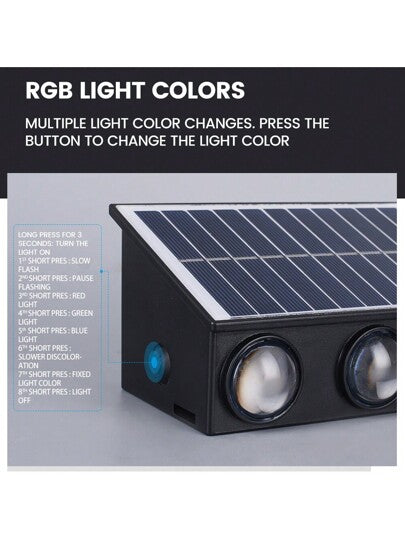 ضوء الحائط بالطاقة الشمسية 1قطعة، مصنوع من مواد بلاستيكية، ألوان RGB، ضوء الحالة الخارجي، ضوء البروجيكتور اللوني الديكوري، مناسب للاستخدام الخارجي، الحديقة، جدران الفيلا، السلالم الخارجية، الشرفة