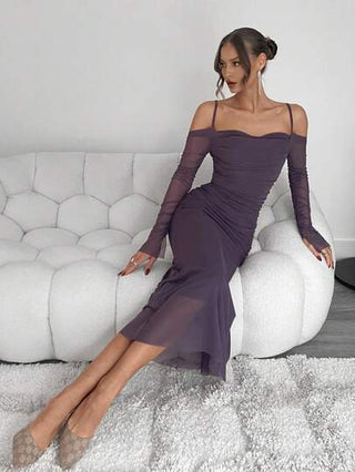 فساتين حريمي Rafferiza فستان شبكي طويل الأكمام بأكتاف مكشوفة بقصة ذيل حورية البحر ماكسي لملابس النساء