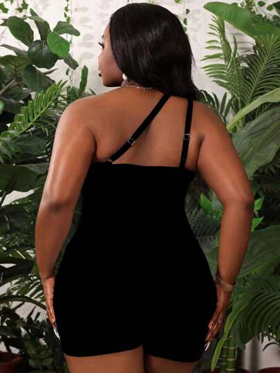 SHEIN Slayr CURVE بدلة سباحة قطعة واحدة بدون أكمام باللون الأحادي للنساء ذوات الحجم الكبير، للشاطئ والرحلات الصيفية