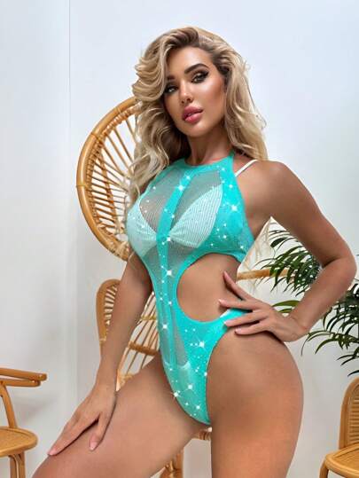 لانجيري حريمي غطاء سباحة نسائي ذو تصميم شبكي ولامع بالراينستونات قطعة واحدة رمز YDT271
