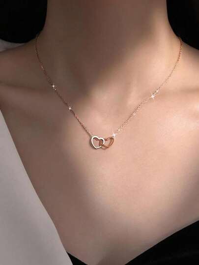 قلادة قلب مزدوج من الفولاذ المقاوم للصدأ - مجوهرات أنيقة ناعمة وبراقة لا تبهت مناسبة للنساء، ومناسبة لعيد الأم، عيد الحب، عيد الميلاد - إكسسوار ملابس وهدايا للمناسبات