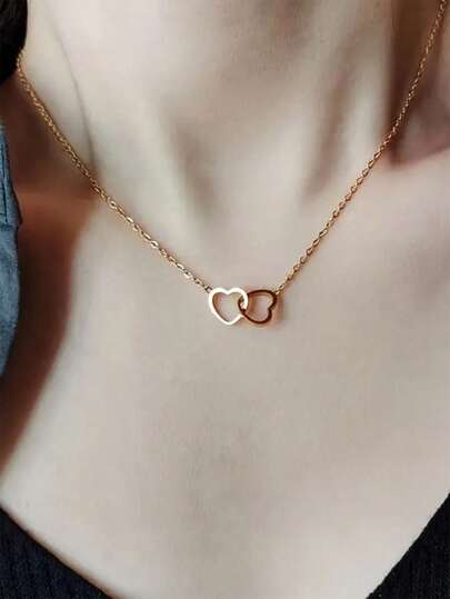 قلادة قلب مزدوج من الفولاذ المقاوم للصدأ - مجوهرات أنيقة ناعمة وبراقة لا تبهت مناسبة للنساء، ومناسبة لعيد الأم، عيد الحب، عيد الميلاد - إكسسوار ملابس وهدايا للمناسبات