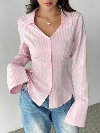 SHEIN Unity قميص كاجوال أنيق بأكمام طويلة مزين بطباعة الشريط والأزرار الأمامية للنساء