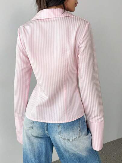 SHEIN Unity قميص كاجوال أنيق بأكمام طويلة مزين بطباعة الشريط والأزرار الأمامية للنساء