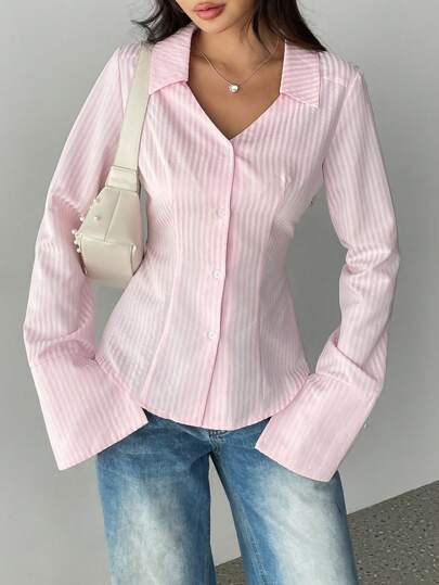 SHEIN Unity قميص كاجوال أنيق بأكمام طويلة مزين بطباعة الشريط والأزرار الأمامية للنساء