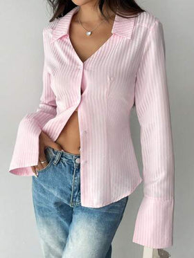 SHEIN Unity قميص كاجوال أنيق بأكمام طويلة مزين بطباعة الشريط والأزرار الأمامية للنساء
