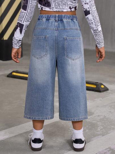 SHEIN Explorewe بنطال كابري واسع الساق من جينز مغسول بطراز قديم ، بتصميم مرتاح للفتيات البالغات ، مناسب للربيع والصيف