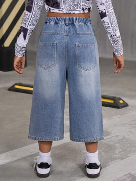 SHEIN Explorewe بنطال كابري واسع الساق من جينز مغسول بطراز قديم ، بتصميم مرتاح للفتيات البالغات ، مناسب للربيع والصيف