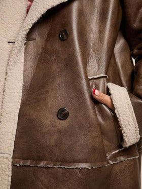 SHEIN BAE معطف طويل مبطن بفرو صناعي ذو قصة واسعة مزدوجة الصدر للنساء، معطف طويل بني فاخر للخريف والشتاء، ملابس مفرغة للعطلات والمناسبات الرسمية والكاجوال، مريح وسميك ودافئ