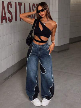 SHEIN EZwear سراويل جينز نسائية واسعة الساق بخصر متدلي ومقطعة على الحواف، قطع ملونة للاستخدام اليومي