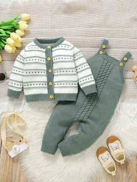 SHEIN Vintaside Kids مجموعة ملابس للأطفال الرضع بتصميم مخطط: كارديجان أكمام طويلة، وِسْتَان ومجموعة سروال قصير. قماش ناعم ومريح للتنفس، مظهر كاجوال عصري، 2 قطع