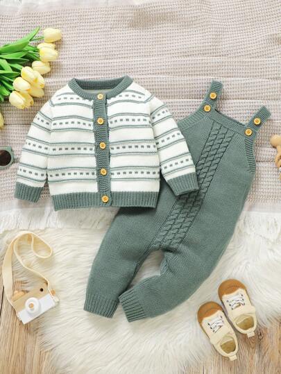 SHEIN Vintaside Kids مجموعة ملابس للأطفال الرضع بتصميم مخطط: كارديجان أكمام طويلة، وِسْتَان ومجموعة سروال قصير. قماش ناعم ومريح للتنفس، مظهر كاجوال عصري، 2 قطع