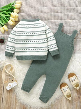 SHEIN Vintaside Kids مجموعة ملابس للأطفال الرضع بتصميم مخطط: كارديجان أكمام طويلة، وِسْتَان ومجموعة سروال قصير. قماش ناعم ومريح للتنفس، مظهر كاجوال عصري، 2 قطع