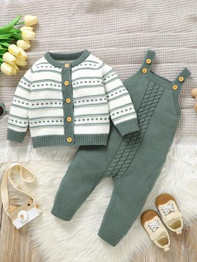 SHEIN Vintaside Kids مجموعة ملابس للأطفال الرضع بتصميم مخطط: كارديجان أكمام طويلة، وِسْتَان ومجموعة سروال قصير. قماش ناعم ومريح للتنفس، مظهر كاجوال عصري، 2 قطع