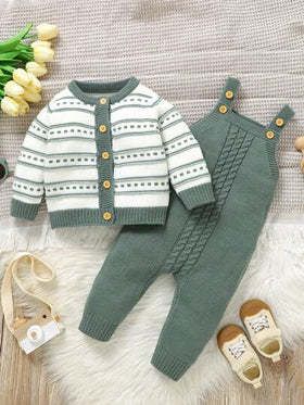 SHEIN Vintaside Kids مجموعة ملابس للأطفال الرضع بتصميم مخطط: كارديجان أكمام طويلة، وِسْتَان ومجموعة سروال قصير. قماش ناعم ومريح للتنفس، مظهر كاجوال عصري، 2 قطع