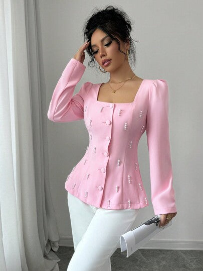 Elenzga بليزر كاجوال بأزرار أمامية مزخرف بخرز